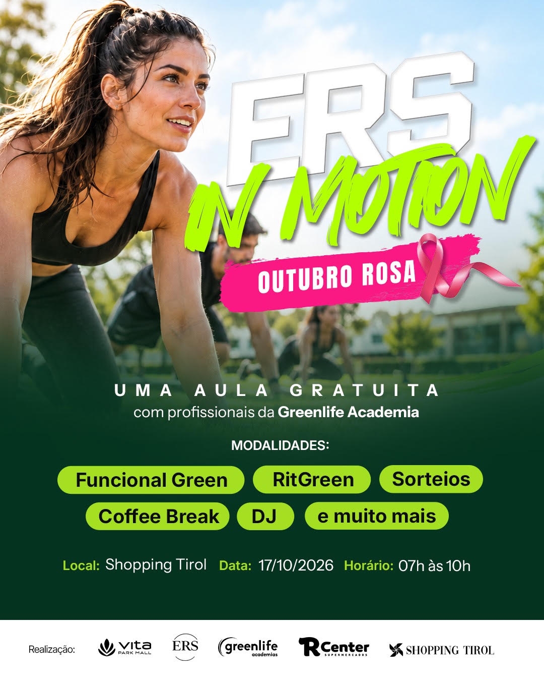 Arte do ERS In Motion Outubro Rosa: aula gratuita em 17/10/2026, das 07h às 10h, no Shopping Tirol, com Greenlife Academia