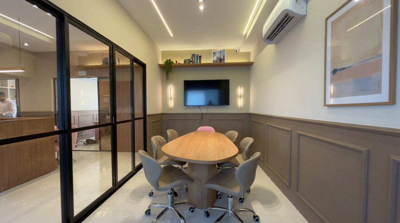 Sala de aula da ERS com mesa para encontros em pequenos grupos